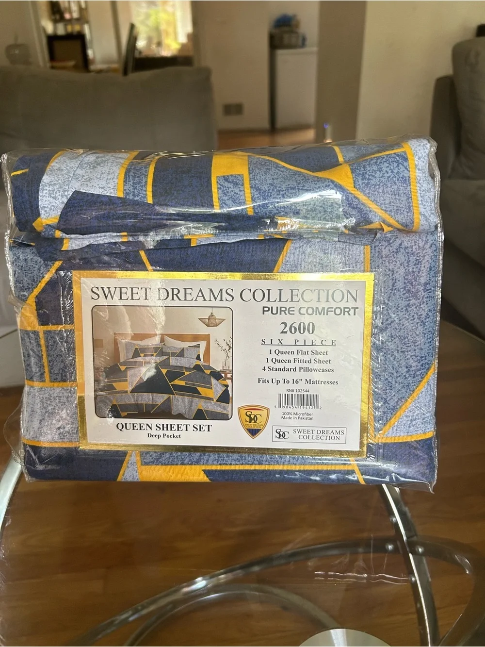 Sweet Dreams Queen Sheet Set in Blue and Yellow Geometric